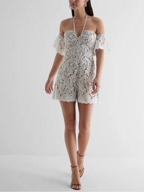 Express White Embroidered Crochet Off The Shoulder Romper
